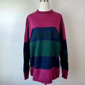Vintage 90s Colorblock Striped Sweatshirt Jewel Tones size XXL Embroidered